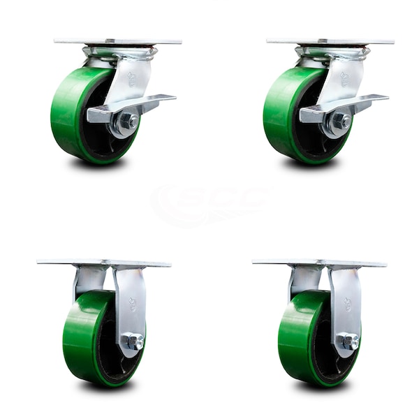 5 Inch Green Poly on Cast Iron Caster Set with Roller Bearing 2 Brakes 2 Rigid